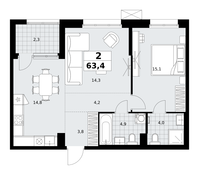 Планировка 2-комнатная квартира в ЖК "Дзен-кварталы"
