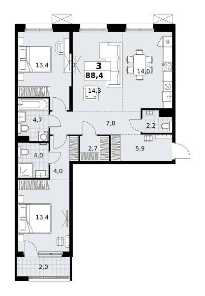 Планировка 3-комнатная квартира в ЖК "Дзен-кварталы"
