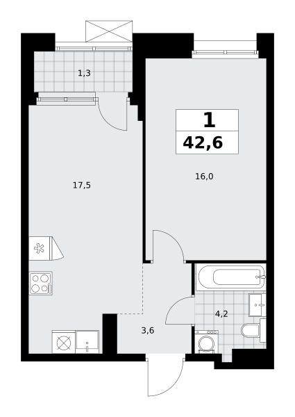 Планировка 1-комнатная квартира в ЖК "Прокшино"