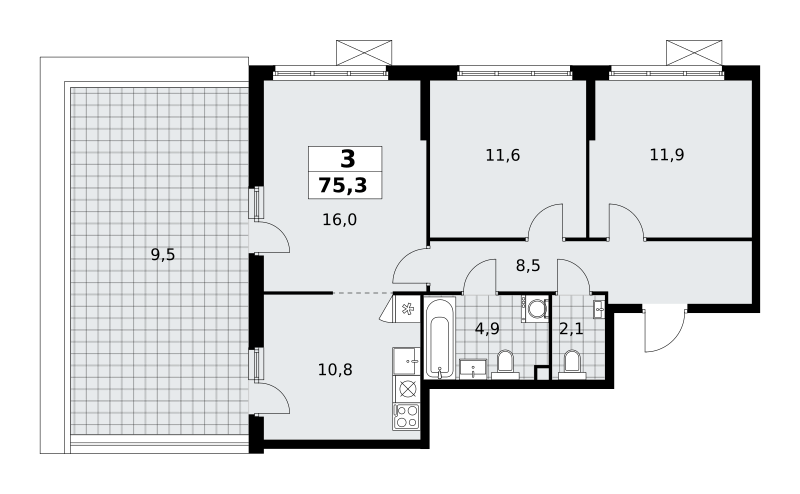 Планировка 3-комнатная квартира в Жилой район "Скандинавия"