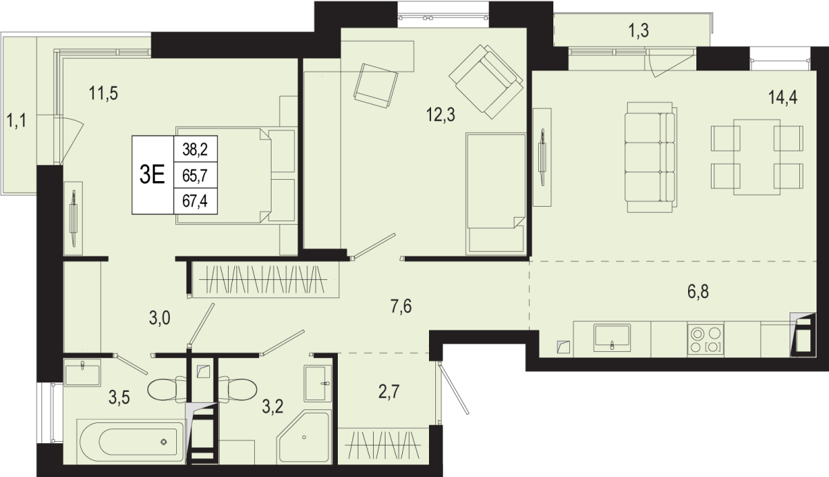 Планировка 3-комнатная квартира в ЖК "Новая Щербинка"