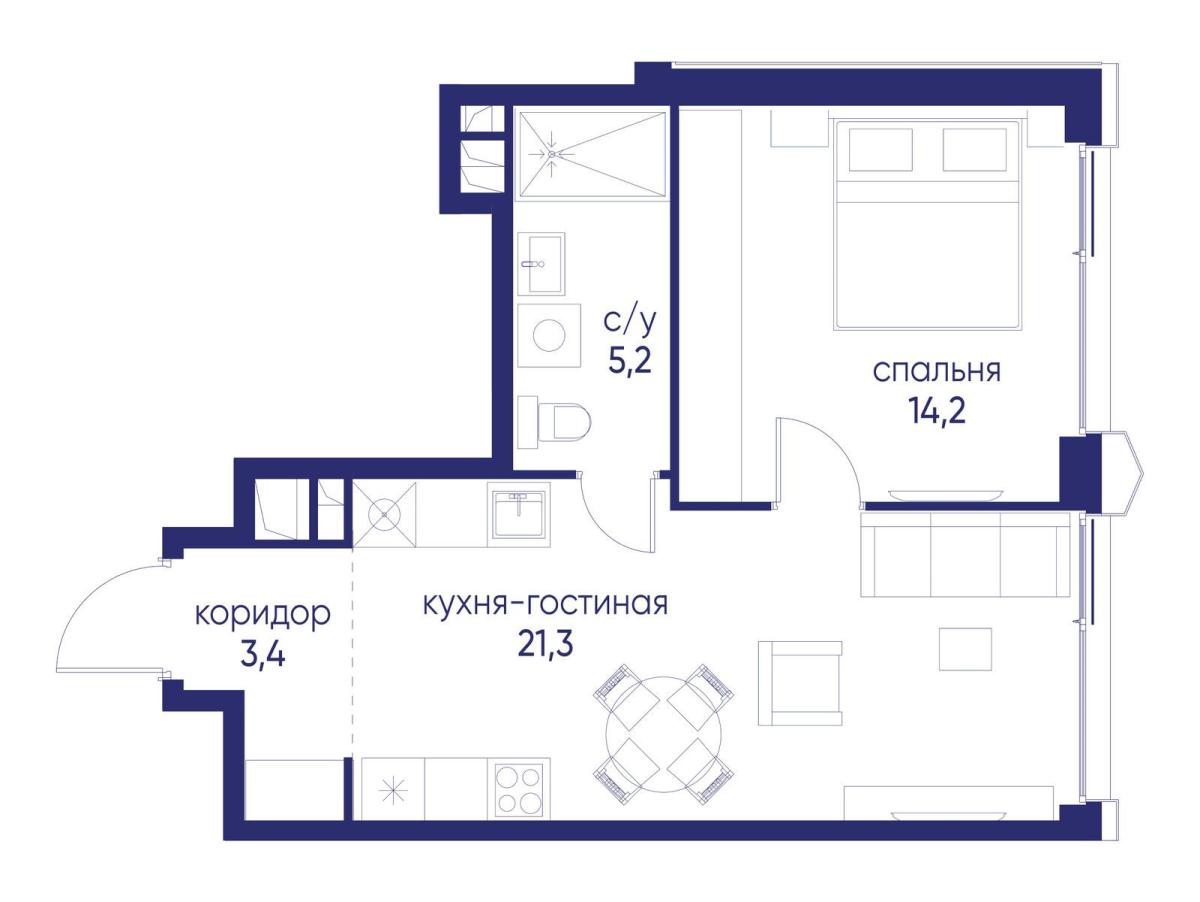 Планировка 1-комнатная квартира в ЖК "Остров"