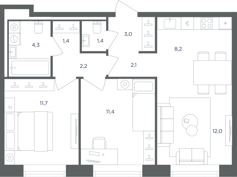 Планировка 3-комнатная квартира в ЖК "Равновесие"
