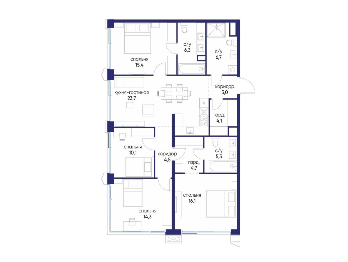 Планировка 4-комнатная квартира в ЖК "Остров"