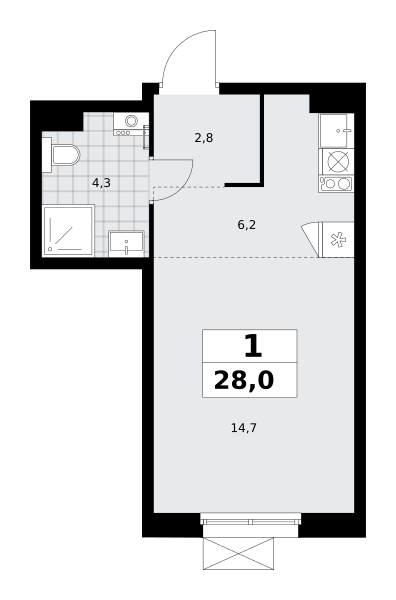 Планировка 1-комнатная квартира в ЖК "Прокшино"