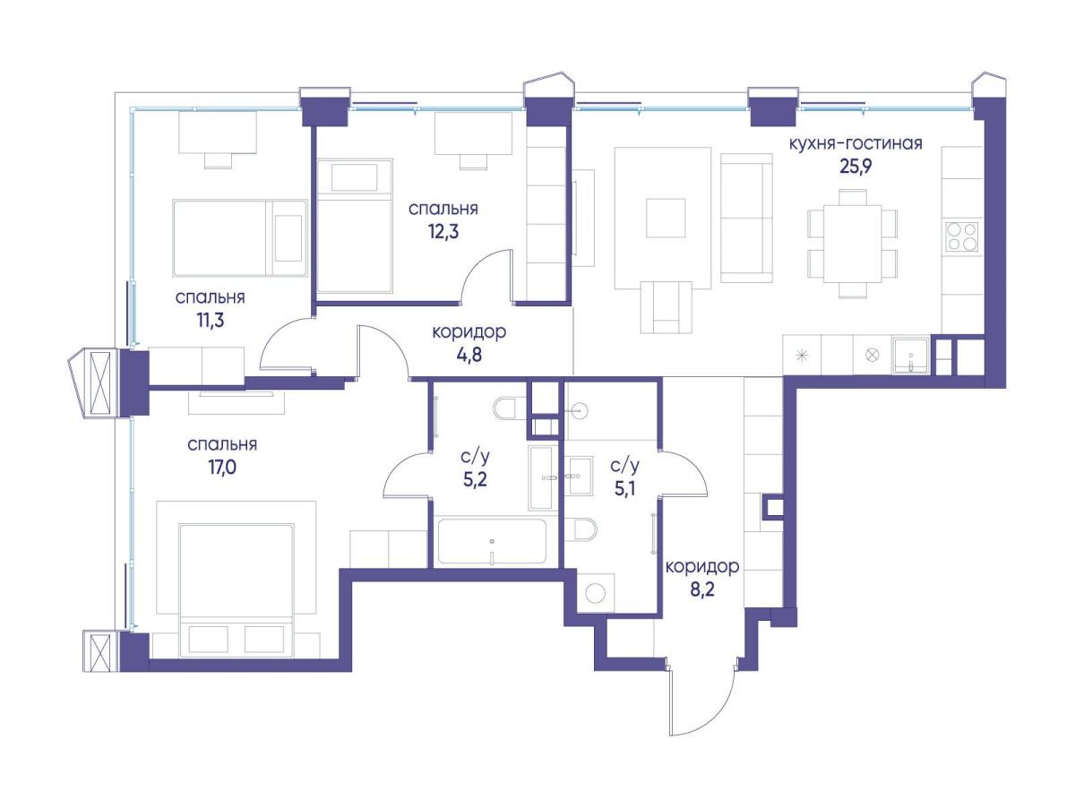 Планировка 3-комнатная квартира в ЖК "Остров"