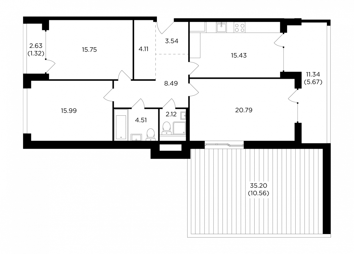 Планировка 3-комнатная квартира в ЖК River Sky (Ривер Скай)