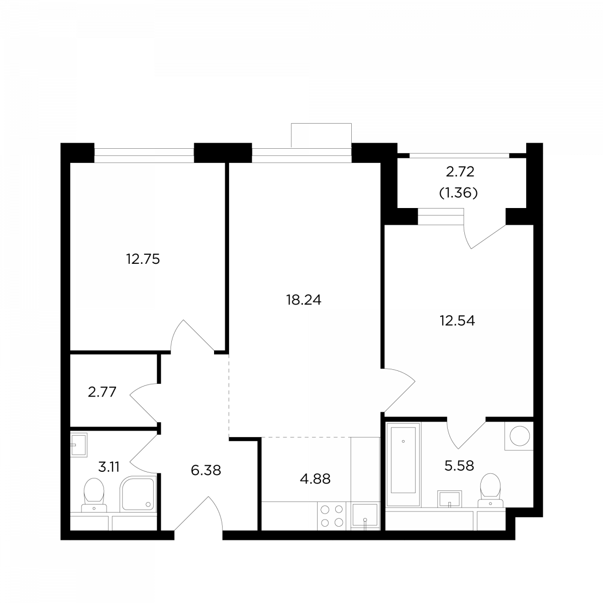 3-комнатная квартира в ЖК TopHills (ТопХиллс) на 24 этаже, площадью 67,61  кв.м., по цене 28 538 860 рублей