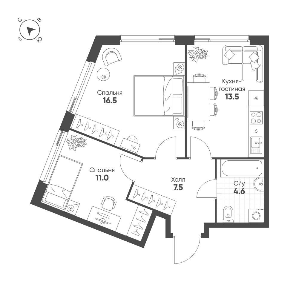 Планировка 2-комнатная квартира в ЖК Shagal (Шагал)
