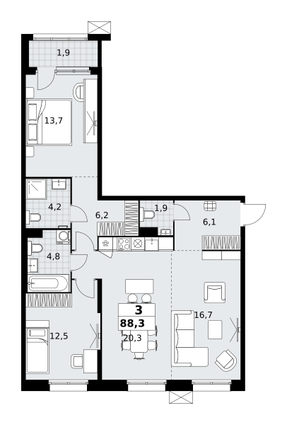 Планировка 3-комнатная квартира в ЖК "Дзен-кварталы"