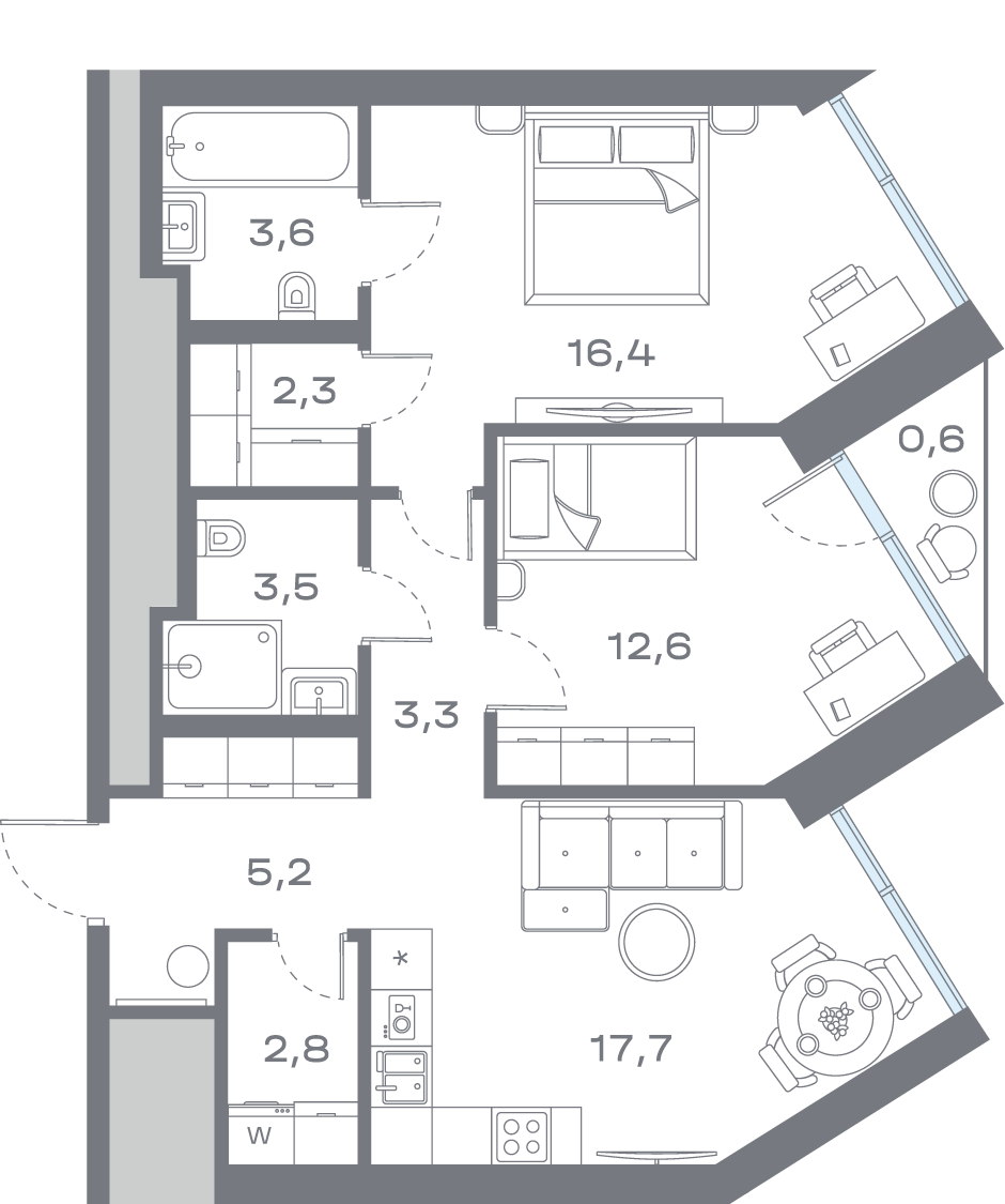 Планировка 2-комнатная квартира в ЖК "Дом Горизонтов"