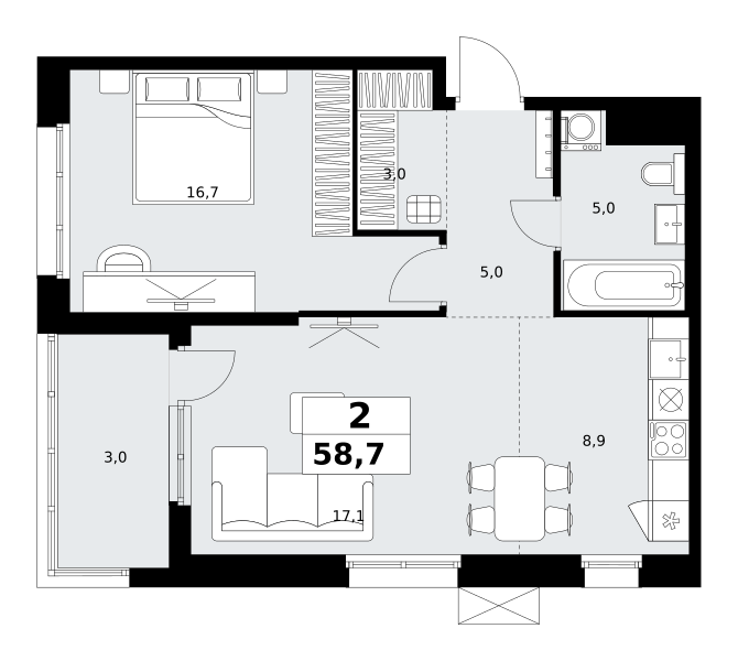 Планировка 2-комнатная квартира в ЖК "Дзен-кварталы"