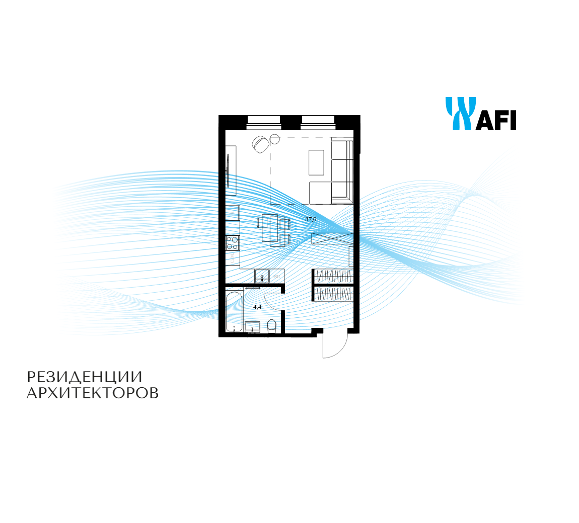 Планировка 1-комнатная квартира в ЖК "Резиденции Архитекторов"