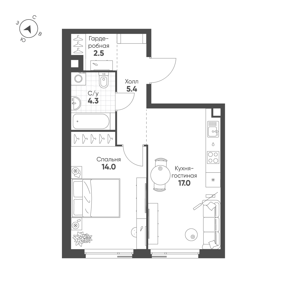 Планировка 1-комнатная квартира в ЖК Shagal (Шагал)