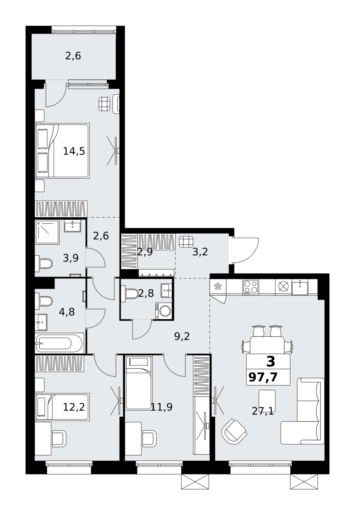 Планировка 3-комнатная квартира в ЖК "Дзен-кварталы"