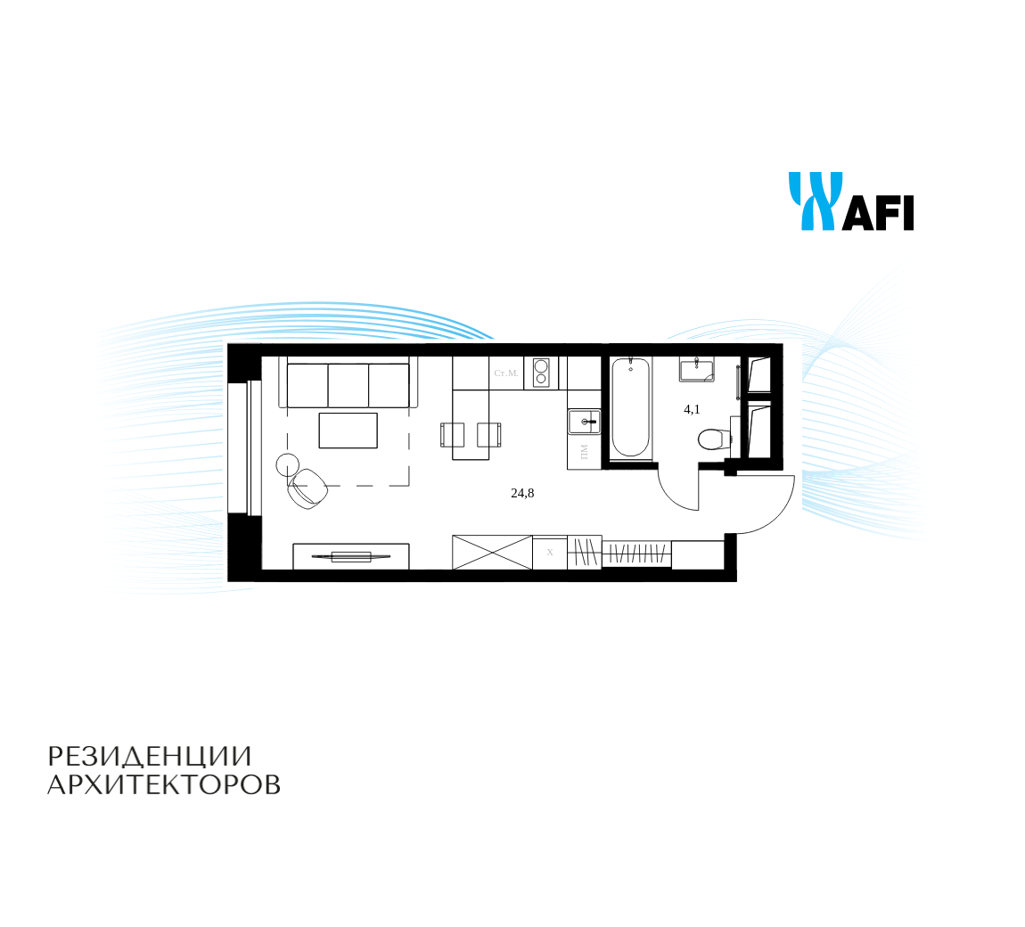 Планировка Студийная планировка в ЖК "Резиденции Архитекторов"