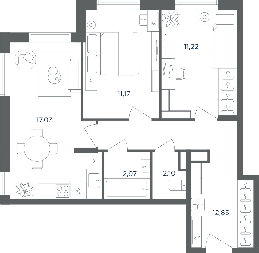 Планировка 3-комнатная квартира в ЖК "Равновесие"