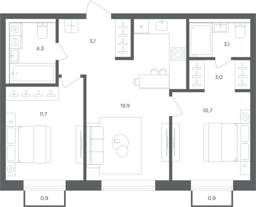 Планировка 2-комнатная квартира в ЖК "Равновесие"
