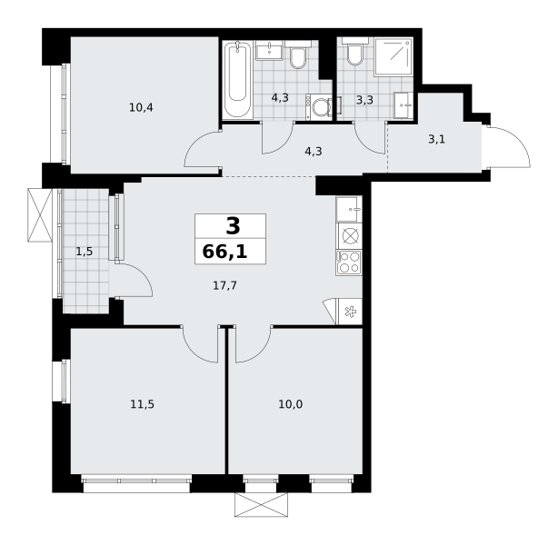 Планировка 3-комнатная квартира в ЖК "Прокшино"