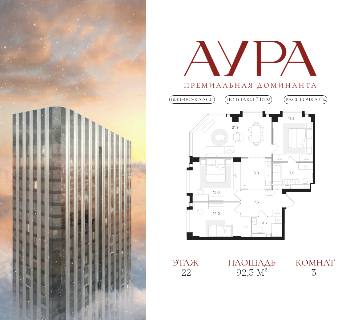 Планировка 3-комнатная квартира в ЖК "АУРА" (Мангазея на Тульской)