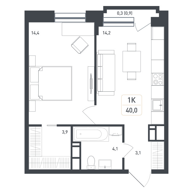 Планировка 1-комнатная квартира в ЖК "Новая Щербинка"