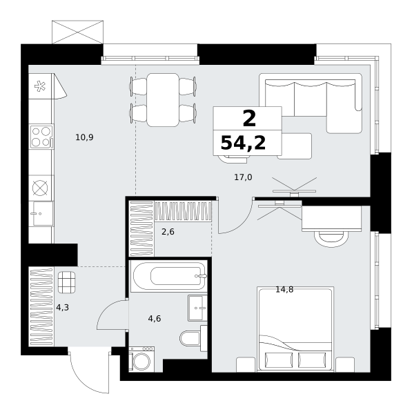 Планировка 2-комнатная квартира в ЖК "Дзен-кварталы"