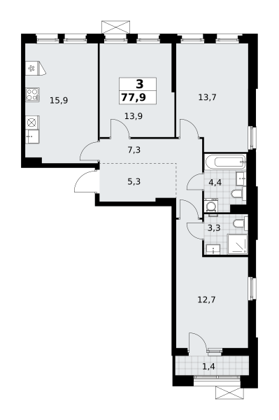 Планировка 3-комнатная квартира в ЖК "Прокшино"