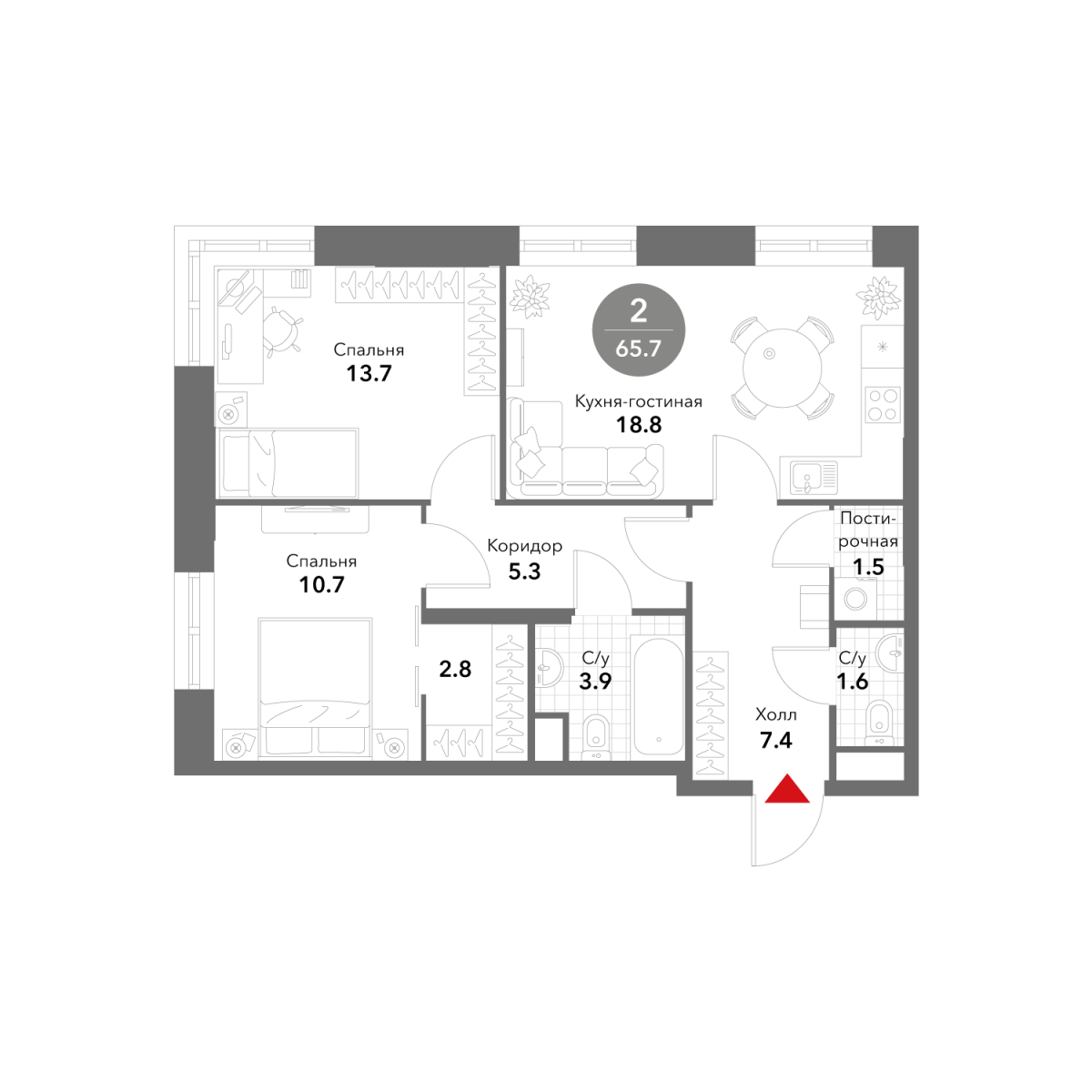 Планировка 2-комнатная квартира в ЖК Voxhall (Воксхолл)