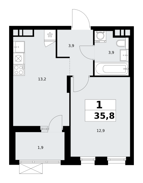 Планировка 1-комнатная квартира в ЖК "Прокшино"
