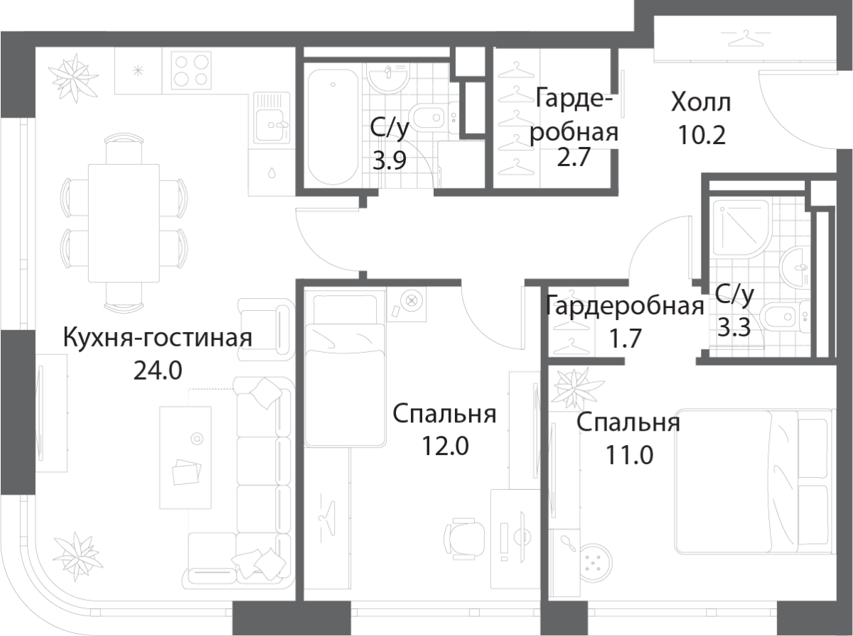 Планировка 2-комнатная квартира в ЖК Nagatino i-Land (Нагатино ай-лэнд)