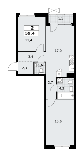 Планировка 2-комнатная квартира в ЖК "Прокшино"
