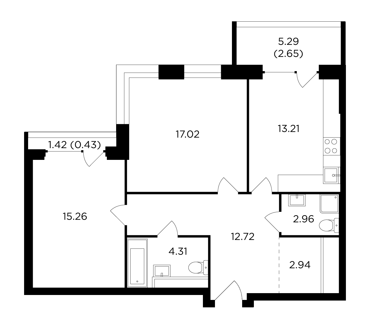 Планировка 2-комнатная квартира в ЖК River Sky (Ривер Скай)