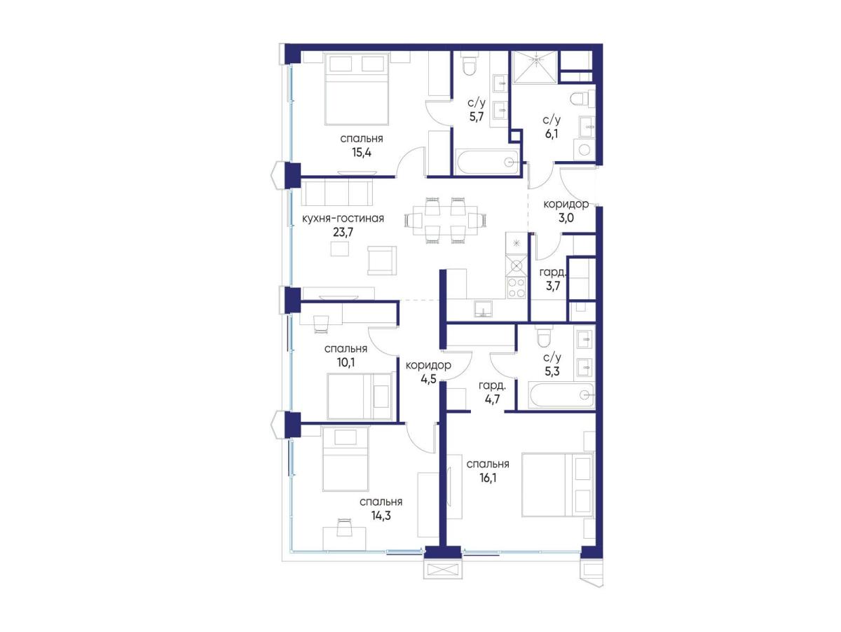 Планировка 4-комнатная квартира в ЖК "Остров"