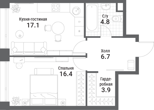 Планировка 1-комнатная квартира в ЖК Nagatino i-Land (Нагатино ай-лэнд)