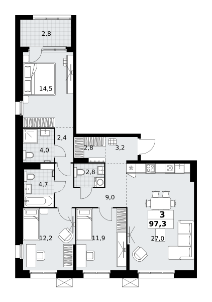 Планировка 3-комнатная квартира в ЖК "Дзен-кварталы"