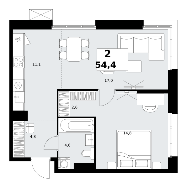 Планировка 2-комнатная квартира в ЖК "Дзен-кварталы"