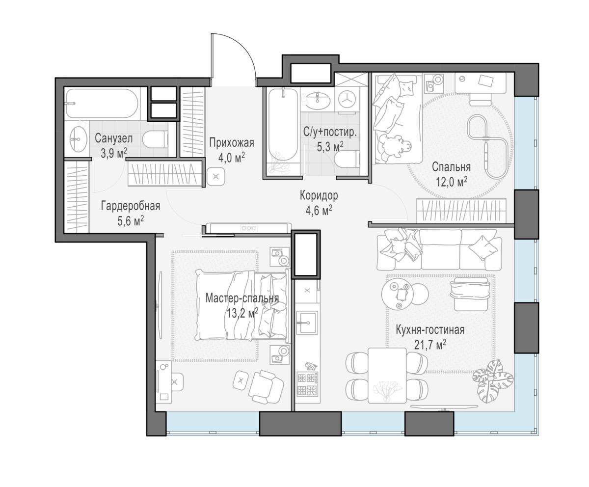 Планировка 3-комнатная квартира в ЖК West Garden (Вест Гарден)