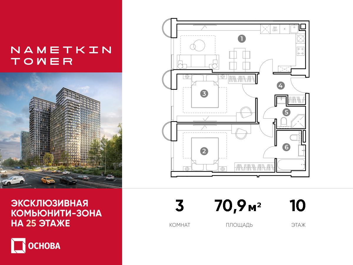 Планировка 3-комнатная квартира в ЖК Nametkin Tower (Наметкин Тауэр)