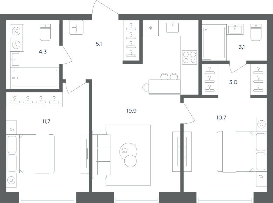 Планировка 2-комнатная квартира в ЖК "Равновесие"