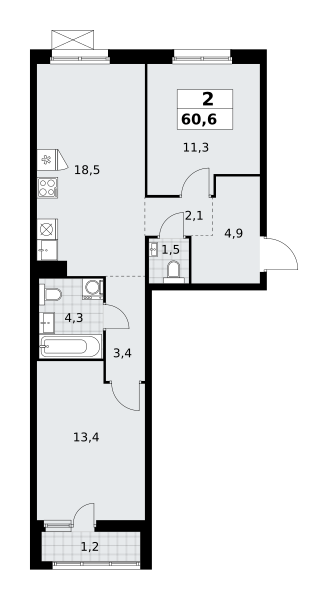 Планировка 2-комнатная квартира в ЖК "Прокшино"