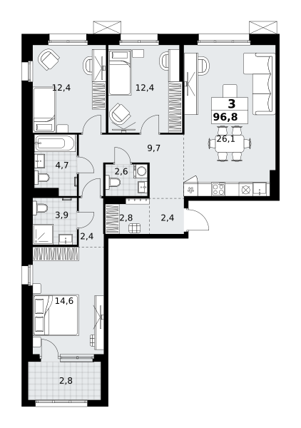 Планировка 3-комнатная квартира в ЖК "Дзен-кварталы"