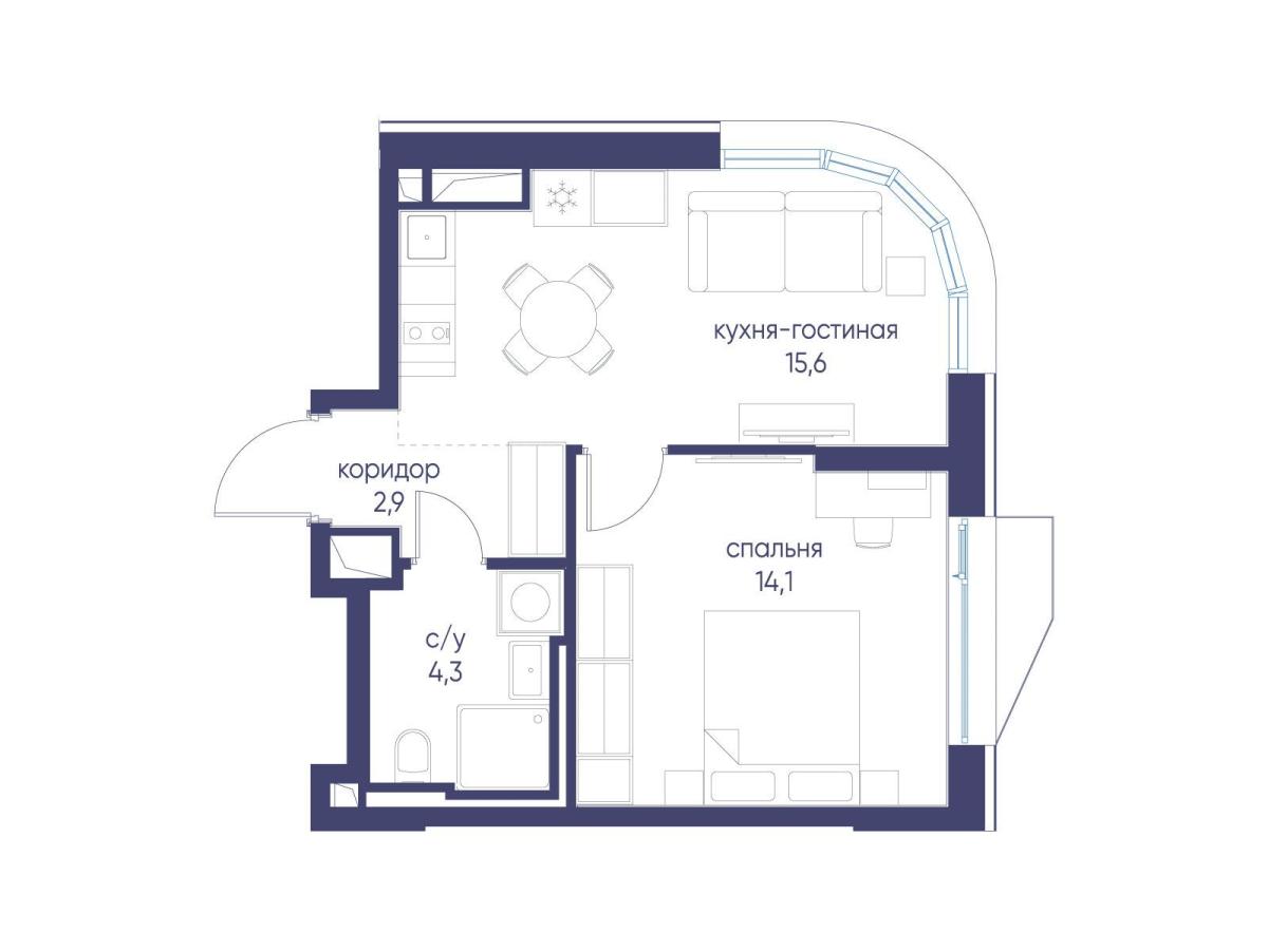 Планировка 1-комнатная квартира в ЖК "Символ"