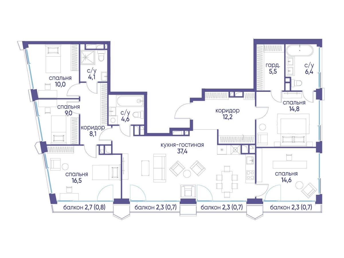 Планировка 5-комнатная квартира в ЖК "Остров"