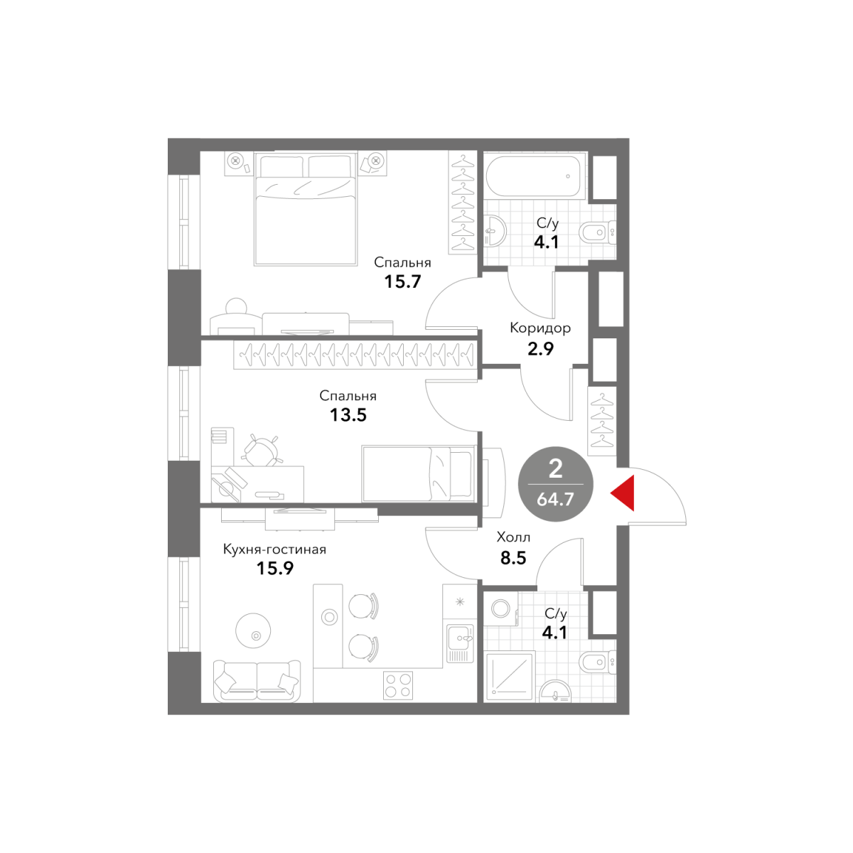 Планировка 2-комнатная квартира в ЖК Voxhall (Воксхолл)