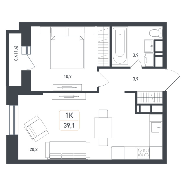 Планировка 1-комнатная квартира в ЖК "Новая Щербинка"