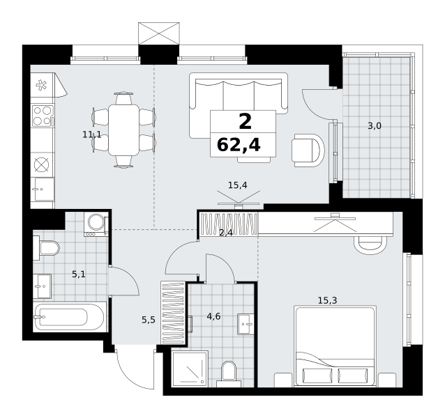 Планировка 2-комнатная квартира в ЖК "Дзен-кварталы"