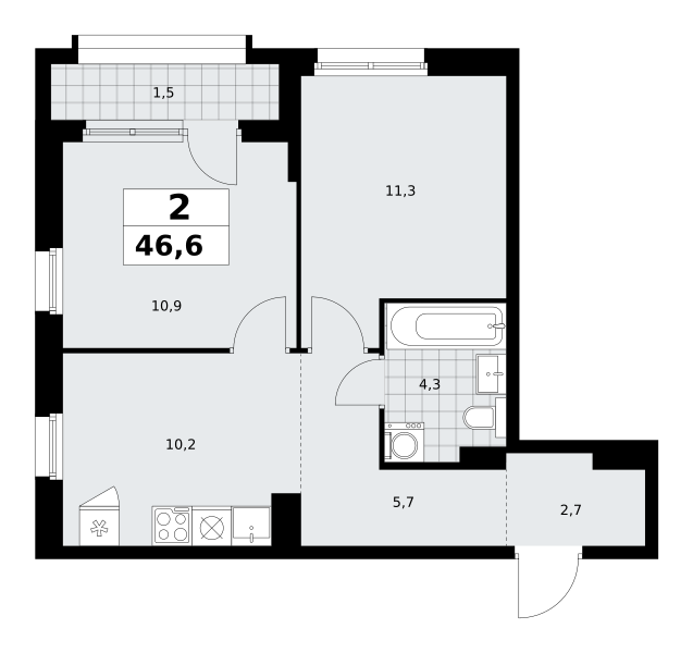 Планировка 2-комнатная квартира в ЖК "Прокшино"