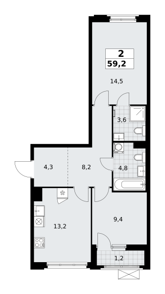 Планировка 2-комнатная квартира в ЖК "Прокшино"