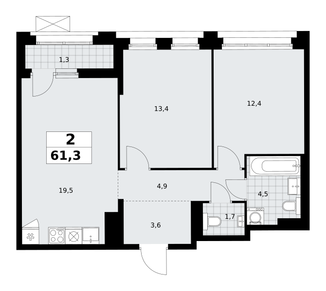 Планировка 2-комнатная квартира в ЖК "Прокшино"