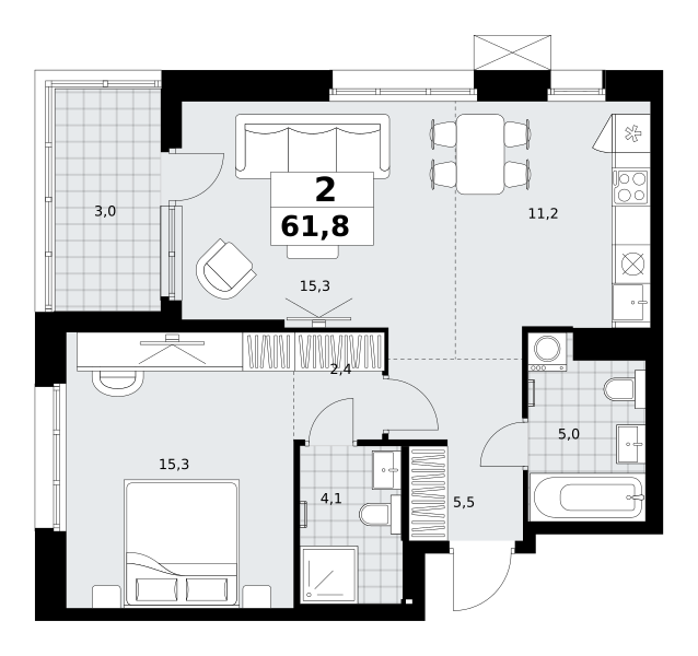 Планировка 2-комнатная квартира в ЖК "Дзен-кварталы"